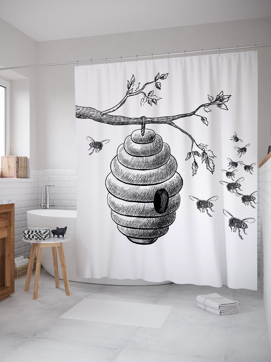 фото Штора (занавеска) для ванной «пчелиный улей» из ткани, 180х200 см с крючками joyarty