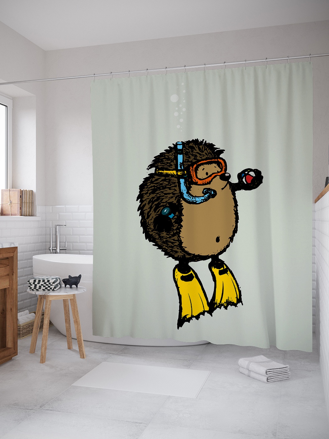 фото Штора (занавеска) для ванной «колючий ныряльщик» из ткани, 180х200 см с крючками joyarty