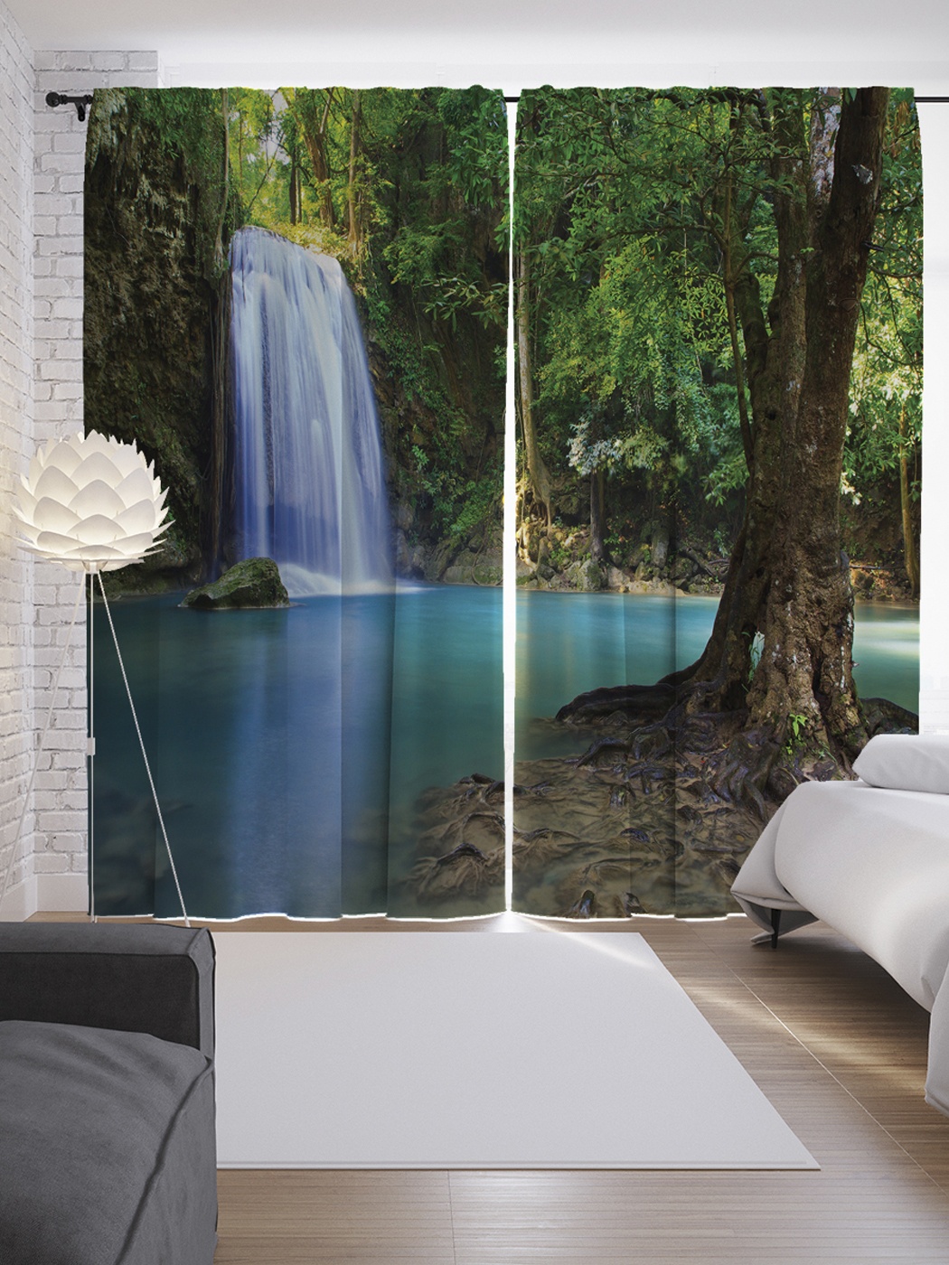 фото Шторы с фотопечатью "дерево с водопадом" из сатена, 290х265 см joyarty