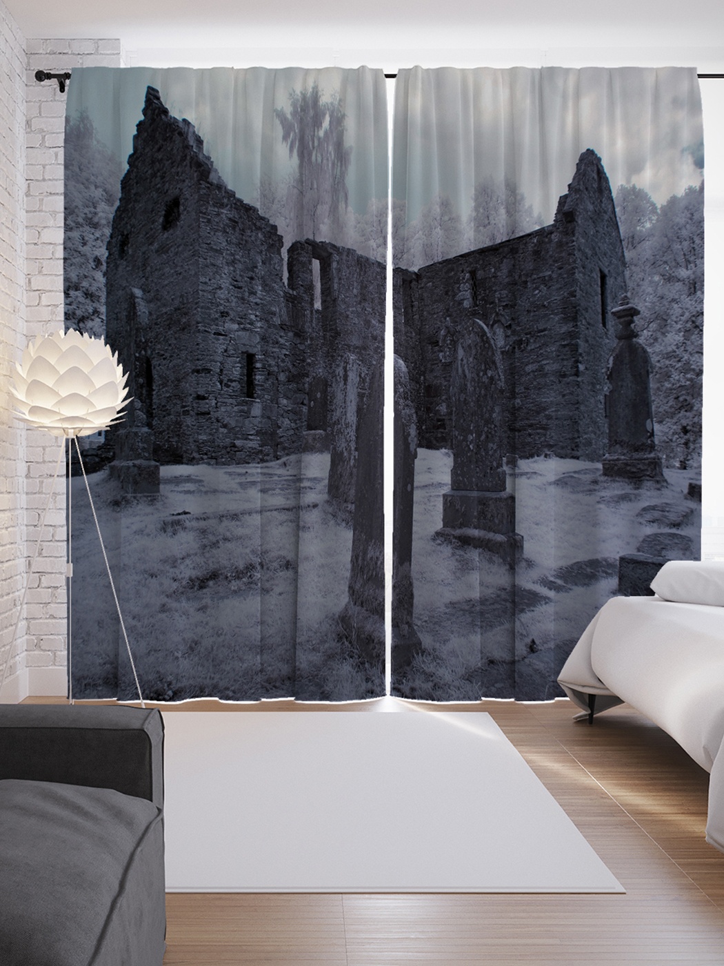 фото Шторы с фотопечатью "заснеженные надгробия" из сатена, 290х265 см joyarty
