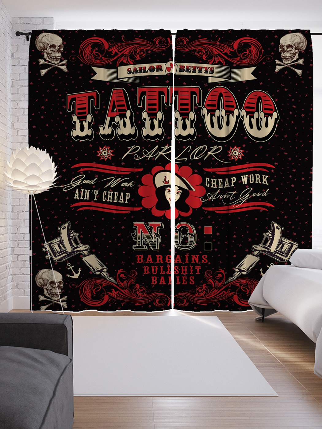 фото Шторы с фотопечатью "тату салон" из сатена, 290х265 см joyarty
