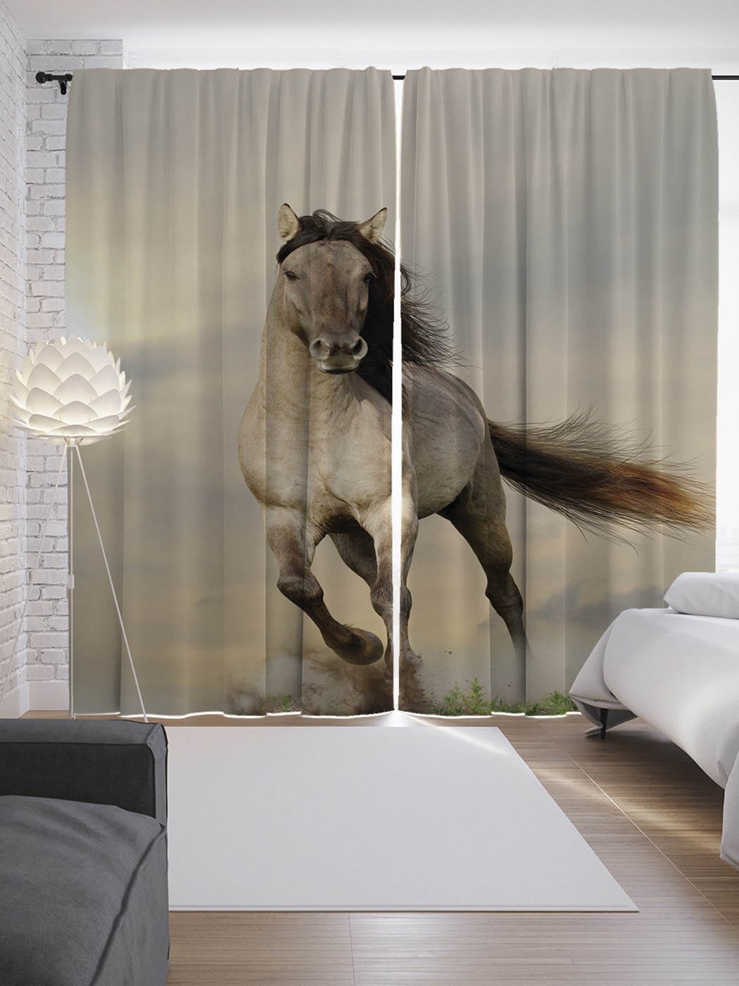 фото Шторы с фотопечатью "дикий конь" из сатена, 290х265 см joyarty