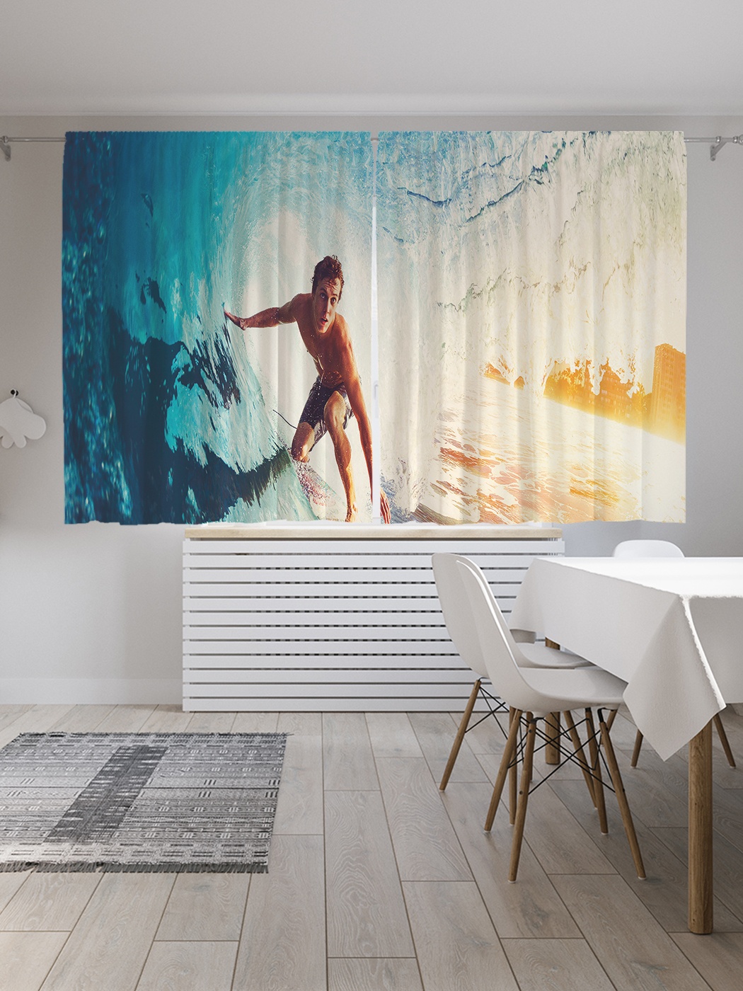 фото Шторы с фотопечатью "серфер ловит волну" из сатена, 290х180 см joyarty