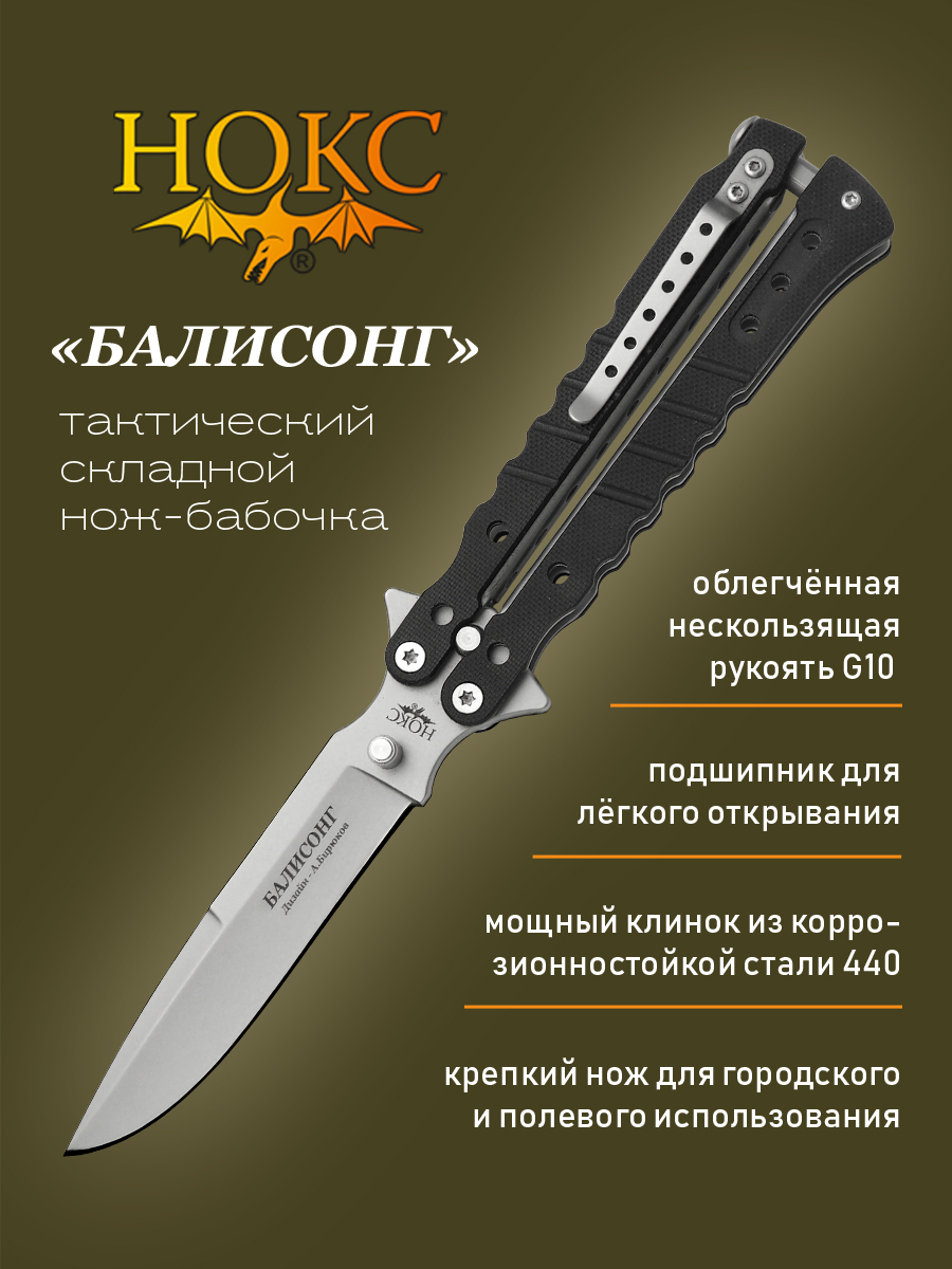 Нож складной НОКС Балисонг 203-240405, современная бабочка, 440, Серебристый;черный, Балисонг
Нож складной НОКС Балисонг 203-240405, современная бабочка, 440, Серебристый;черный, Балисонг