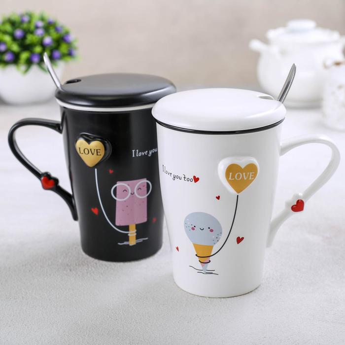 фото Набор кружек «узы любви», 400 мл, с керамическими крышками и ложками, 2 шт, цвет микс nobrand