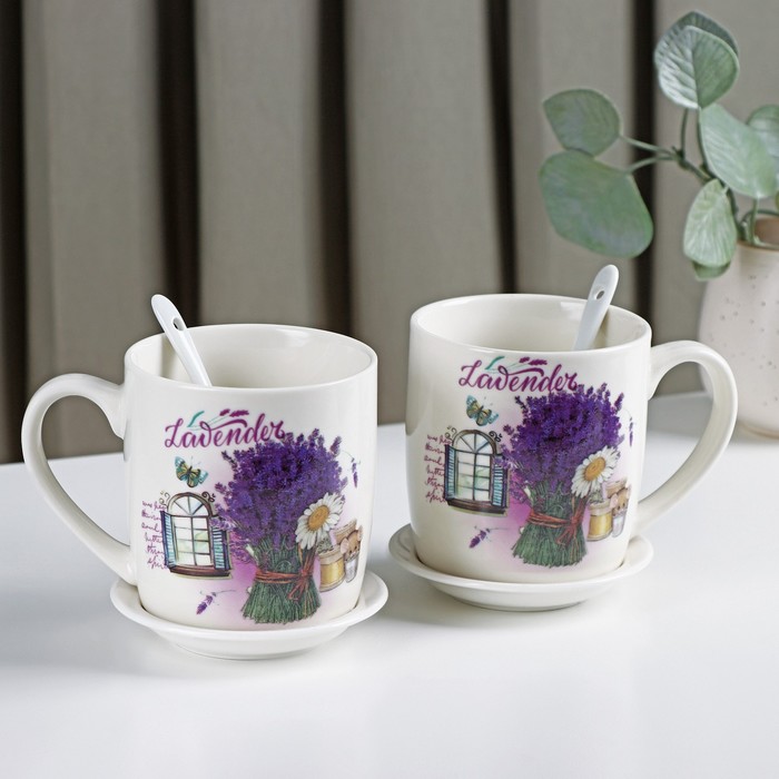 фото Набор кружек «букет лаванды», 330 мл, с ложками и подставками, 2 шт, рисунок микс nobrand
