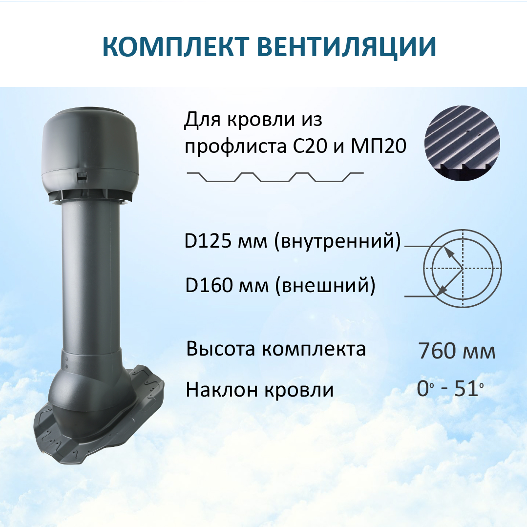 Комплект вентиляции: Колпак D160, вент. выход Н-700, для кровельного профнастила 20мм, Серый, K-VV160-700/PF20/K160
Комплект вентиляции: Колпак D160, вент. выход Н-700, для кровельного профнастила 20мм, Серый, K-VV160-700/PF20/K160