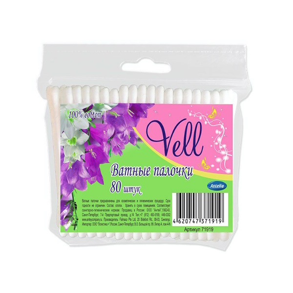Ватные палочки VELL, 80 шт., Белый
Ватные палочки VELL, 80 шт., Белый