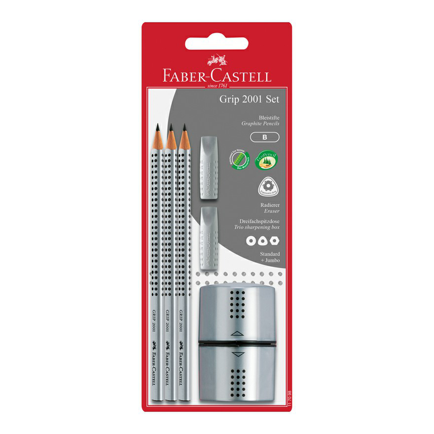 Набор чернографитных карандашей Faber-Castell Grip 2001 B 3 шт с ластиками-колпачк и точ, Серебристый
Набор чернографитных карандашей Faber-Castell Grip 2001 B 3 шт с ластиками-колпачк и точ, Серебристый