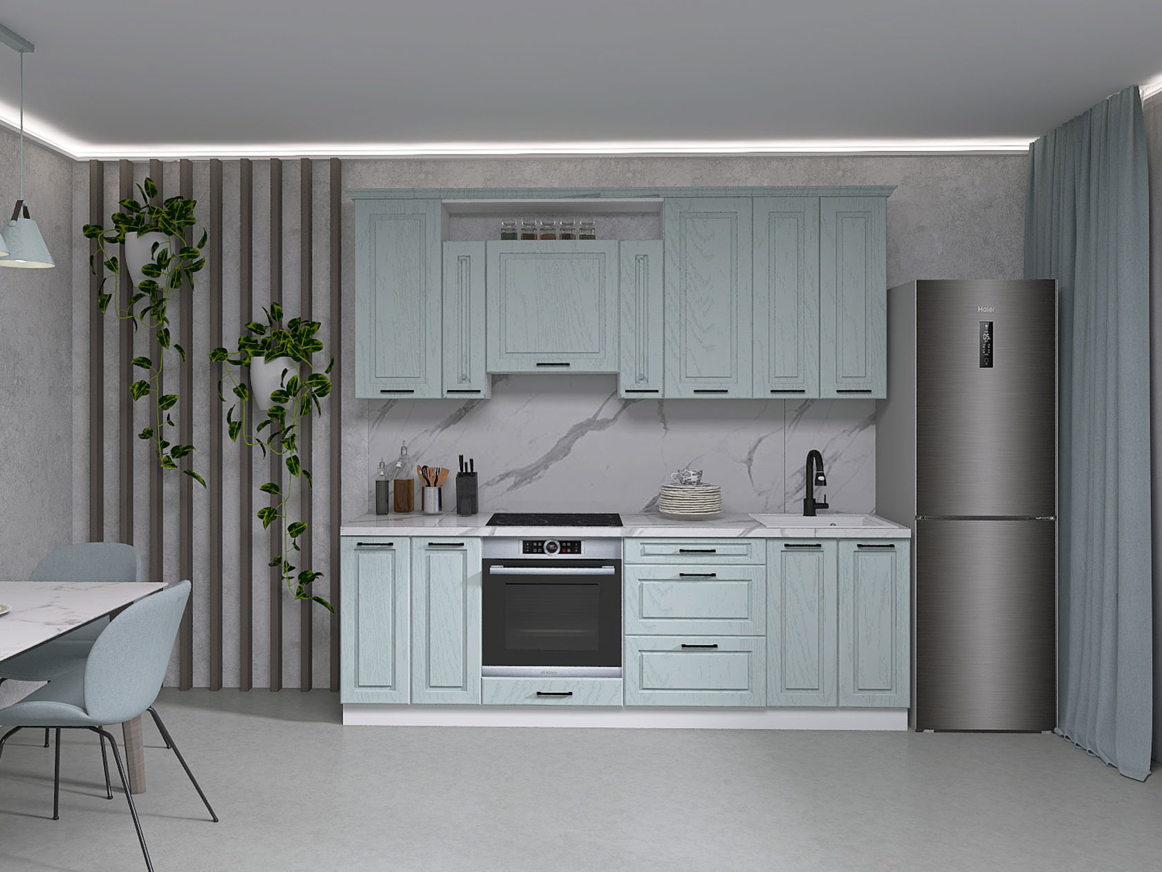 Кухонный гарнитур СВ-Мебель Грейвуд 240 см Белый / Деним голубой 
Кухонный гарнитур СВ-Мебель Грейвуд 240 см Белый / Деним голубой