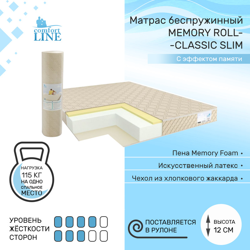 Матрас беспружинный Comfort Line Memory Roll Classic Slim 100х185, высота 12 см, Memory Roll Classic Slim
Матрас беспружинный Comfort Line Memory Roll Classic Slim 100х185, высота 12 см, Memory Roll Classic Slim