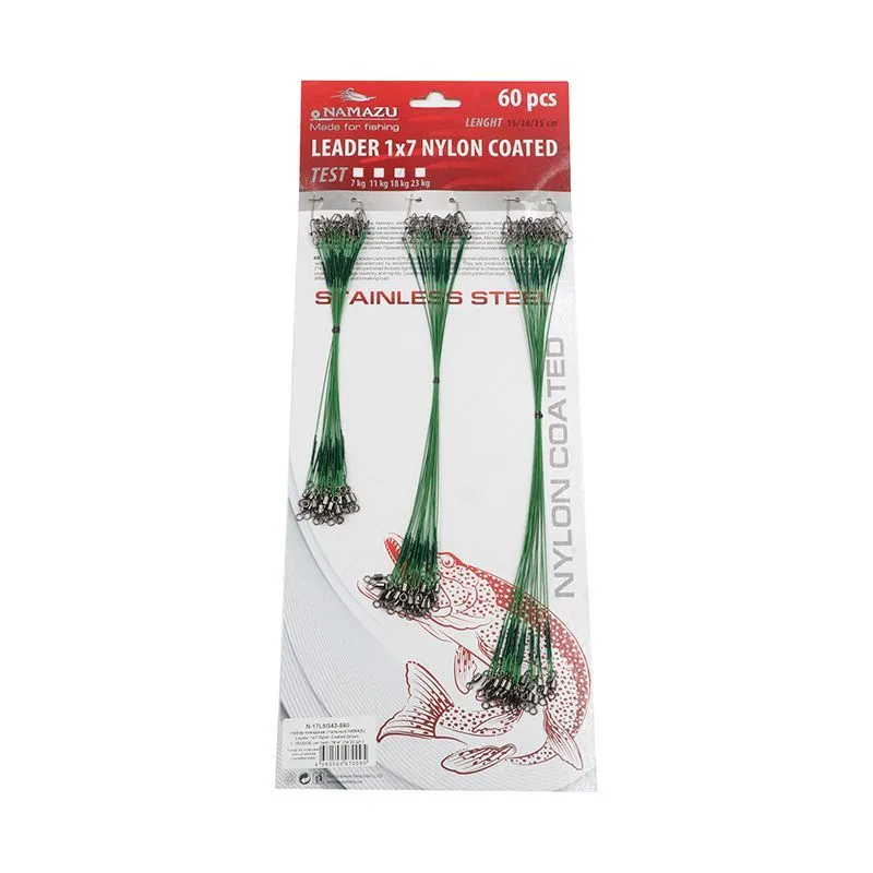 Набор поводков стальных NAMAZU Leader 1х7 Nylon Coated Green, L-15/20/25 см, test- 18 кг (, Зеленый
Набор поводков стальных NAMAZU Leader 1х7 Nylon Coated Green, L-15/20/25 см, test- 18 кг (, Зеленый
