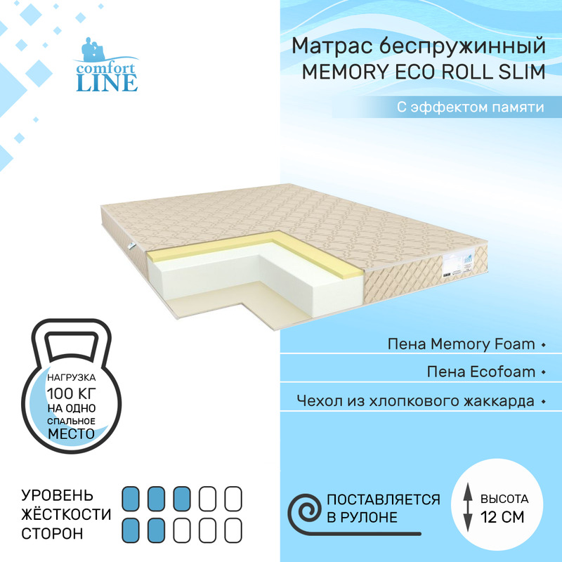 Матрас беспружинный Comfort Line Memory Eco Roll Slim 70х170, высота 12 см, Memory Eco Roll Slim
Матрас беспружинный Comfort Line Memory Eco Roll Slim 70х170, высота 12 см, Memory Eco Roll Slim