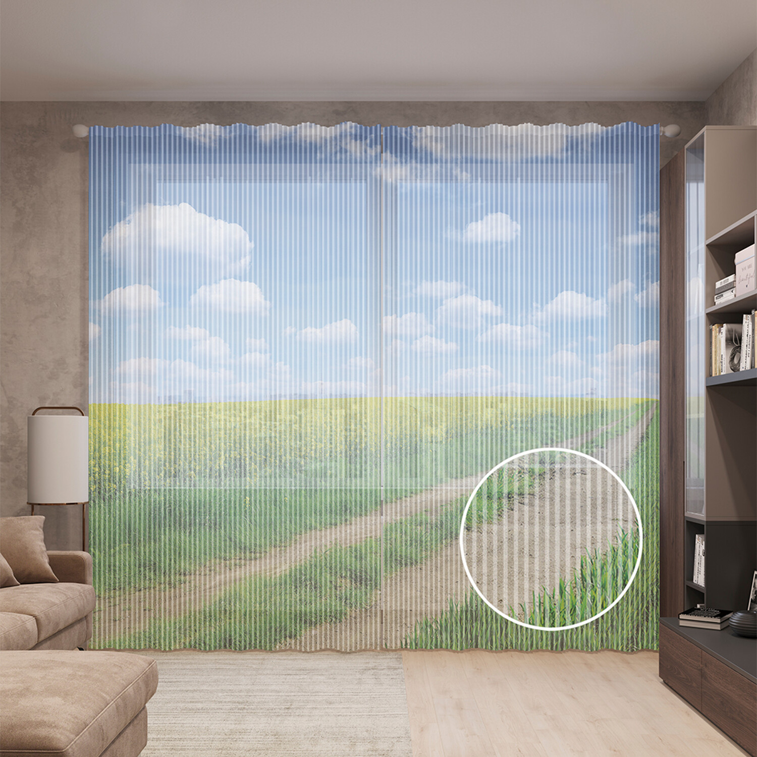 Тюль вуаль на шторной ленте с принтом JoyArty "Полевая дорога", 310х265 см, Полевая дорога