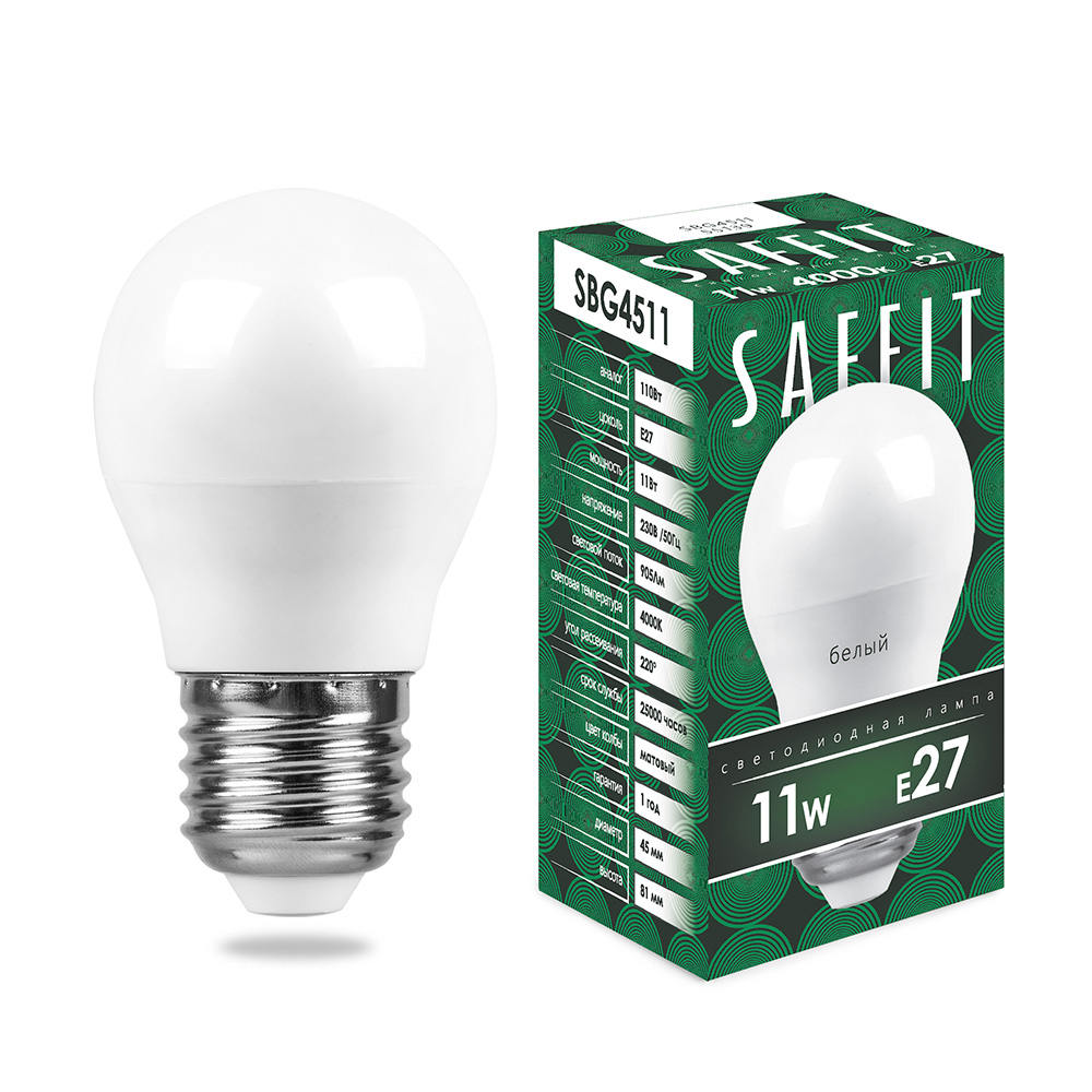 Лампочка светодиодная Saffit SBG4511, 11Вт E27 230V белый, упаковка 10 шт, 55139, SBG4511
Лампочка светодиодная Saffit SBG4511, 11Вт E27 230V белый, упаковка 10 шт, 55139, SBG4511