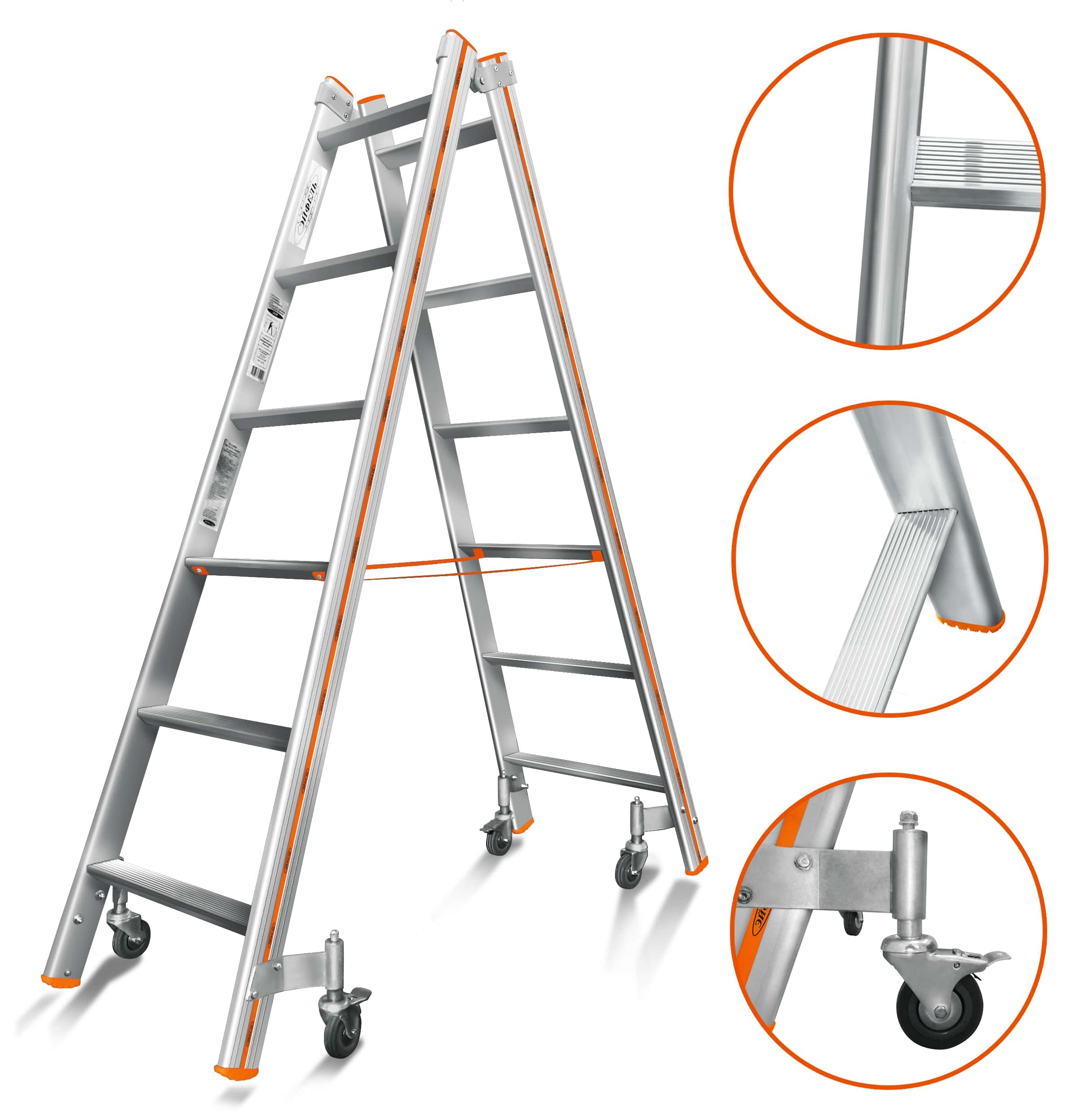 Двусторонняя передвижная алюминиевая стремянка Эйфель Комфорт-Профи Роллер 206 6 ступеней 
Двусторонняя передвижная алюминиевая стремянка Эйфель Комфорт-Профи Роллер 206 6 ступеней