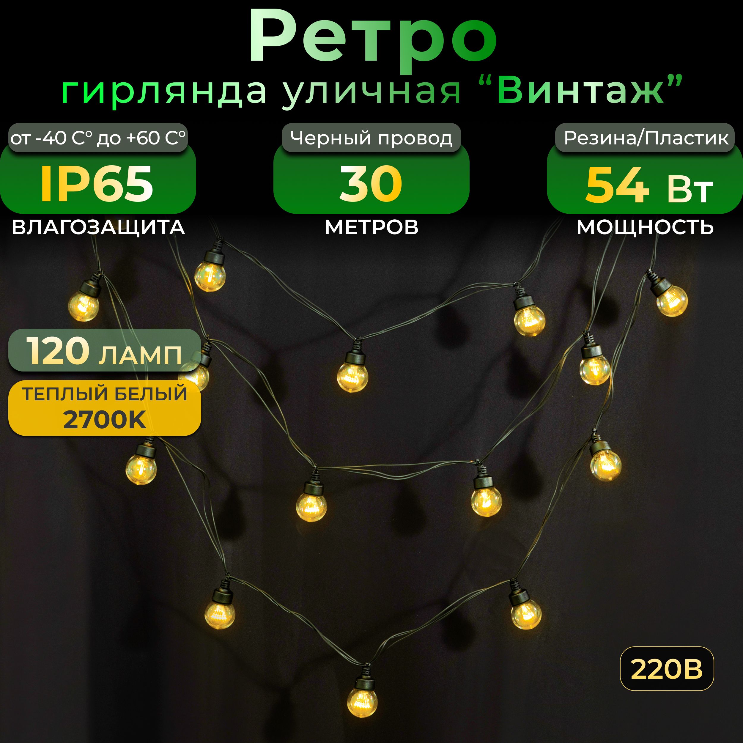 Гирлянда ретро TEAMPROF 30 м, 120 ламп, теплый белый, черный провод, IP65, 220в, Винтаж ФМ
Гирлянда ретро TEAMPROF 30 м, 120 ламп, теплый белый, черный провод, IP65, 220в, Винтаж ФМ