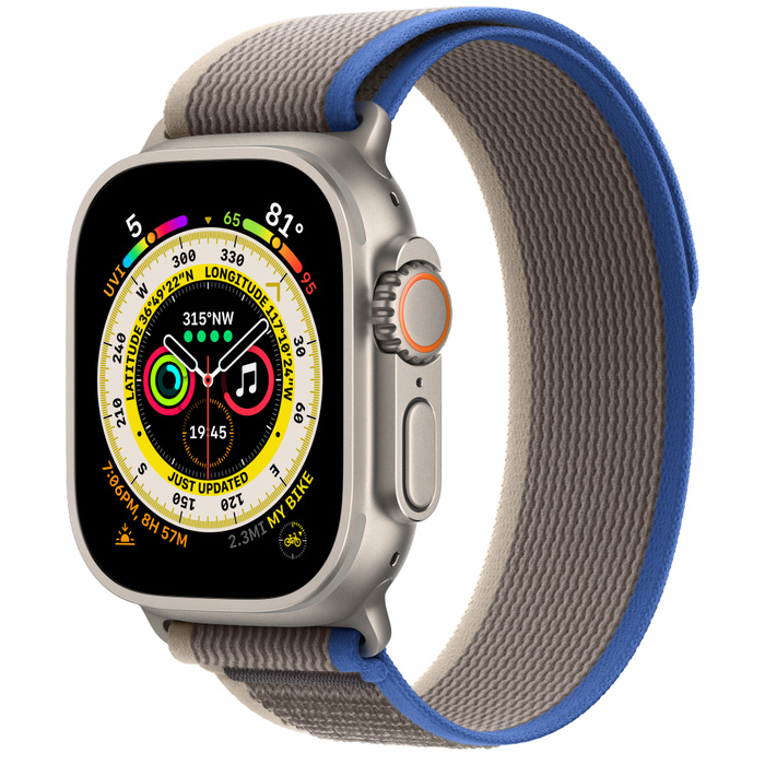 Apple Watch Ultra GPS + Cellular 49mm Titanium Case with Blue/Gray Trail Loop - S/M (MNHL3
Apple Watch Ultra GPS + Cellular 49mm Titanium Case with Blue/Gray Trail Loop - S/M (MNHL3
