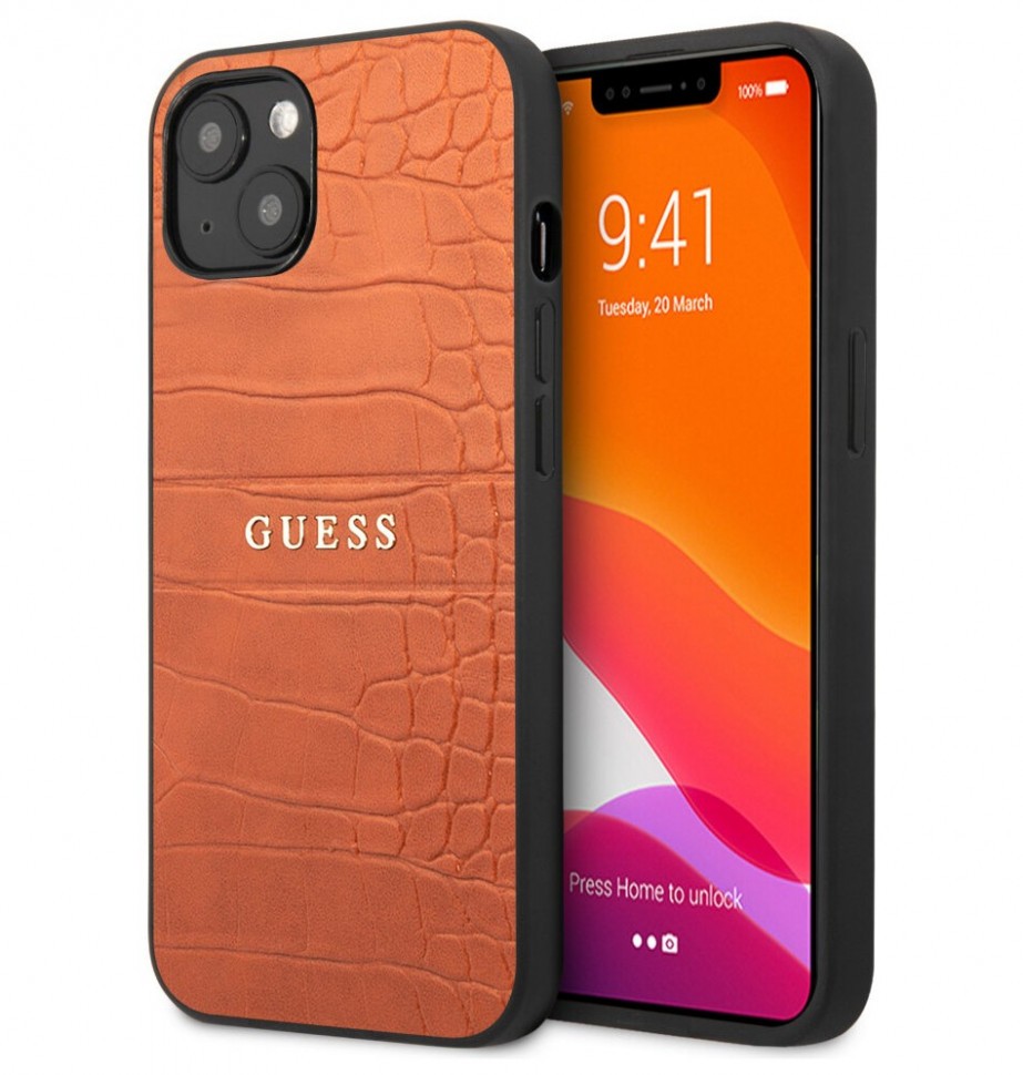 фото Чехол cg mobile guess pu croco with metal logo hard для iphone 13 mini, оранжевый