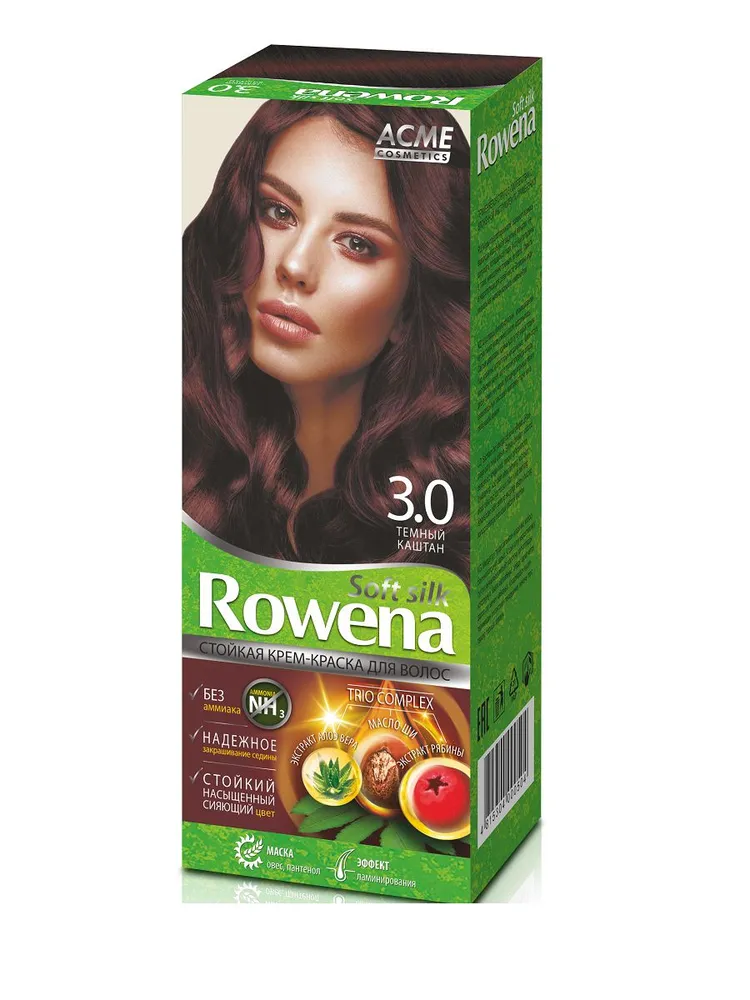 Крем-краска для волос Rowena soft silk стойкая тон 3.0 темный каштан, Коричневый, ACME COSMETICS
Крем-краска для волос Rowena soft silk стойкая тон 3.0 темный каштан, Коричневый, ACME COSMETICS