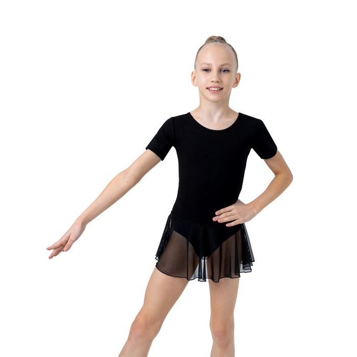фото Купальник для хореографии х/б, короткий рукав, юбка-сетка, размер 34, цвет чёрный grace dance