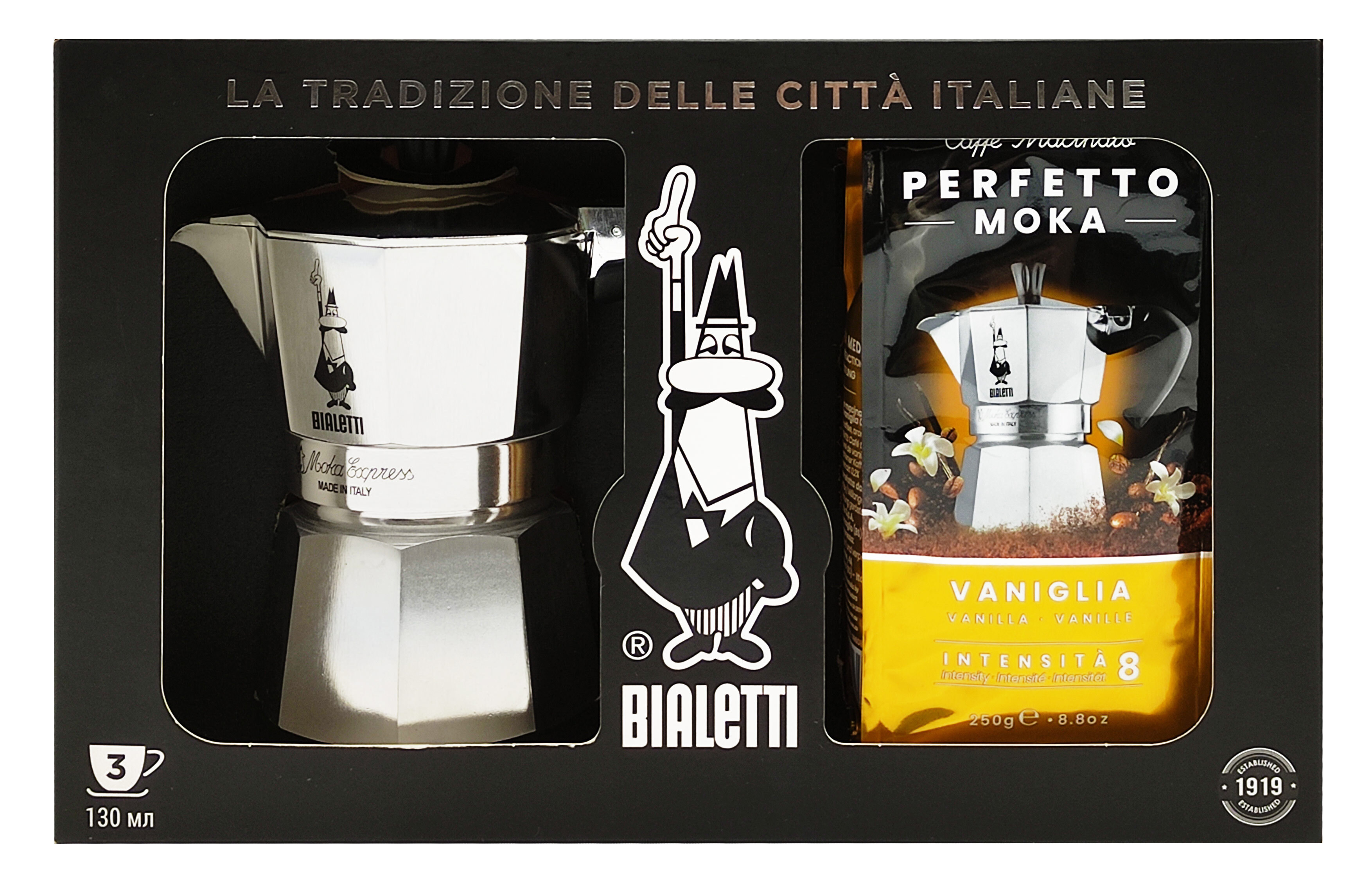 Набор гейзерная кофеварка Bialetti Moka Express 3 порции + кофе молотый Vaniglia 250г, Серебристый
Набор гейзерная кофеварка Bialetti Moka Express 3 порции + кофе молотый Vaniglia 250г, Серебристый