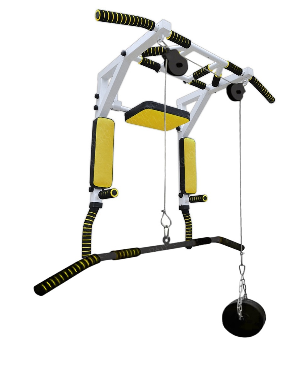 фото Турник-брусья-пресс 3в1 sportlim мультихват с блочной системой (желто-белый)