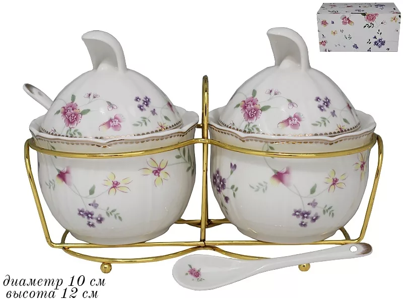 фото Набор из 2 сахарниц с ложками на подставке фрукты фарфор 105-558 118-105-558 lenardi