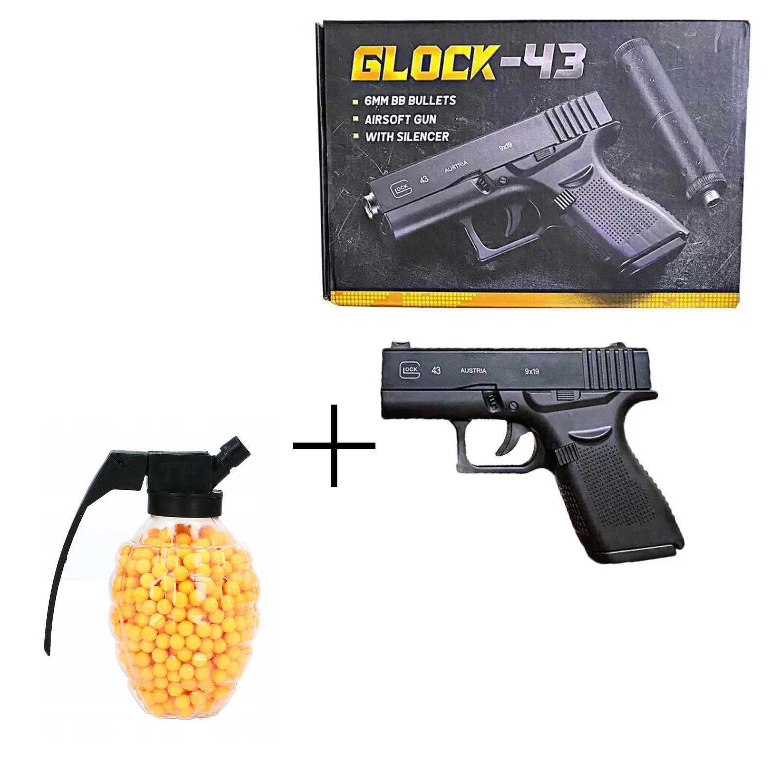 Пневматический пистолет WellyWell AirSoft с глушителем, с пульками + граната Gun_Glock-43
Пневматический пистолет WellyWell AirSoft с глушителем, с пульками + граната Gun_Glock-43