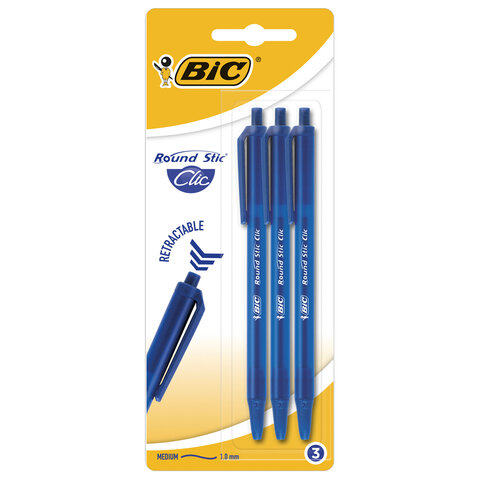 Ручки шариковые автоматические BIC Round Stic Clic, НАБОР 3 шт., СИНИЕ, линия пись
Ручки шариковые автоматические BIC Round Stic Clic, НАБОР 3 шт., СИНИЕ, линия пись