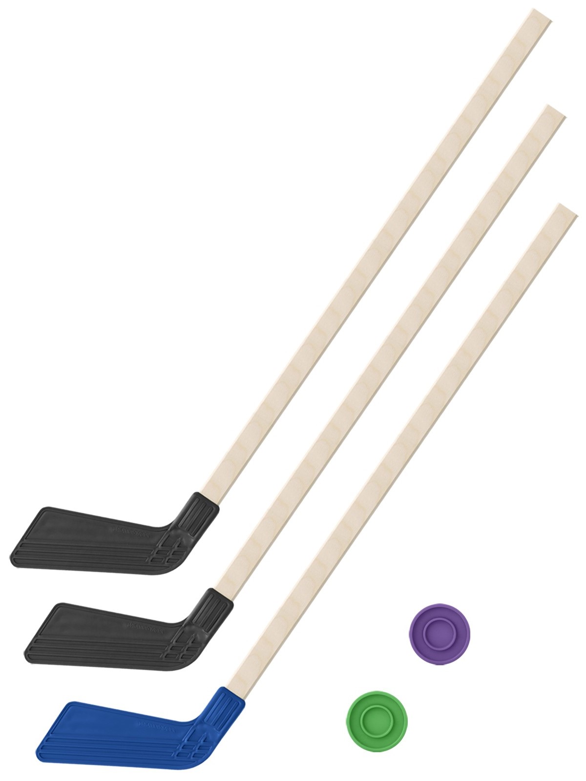 фото Набор зимний задира-плюс клюшка хоккейная 3 клюшки 80 см. (2 черных,1 синяя)+2 шайбы