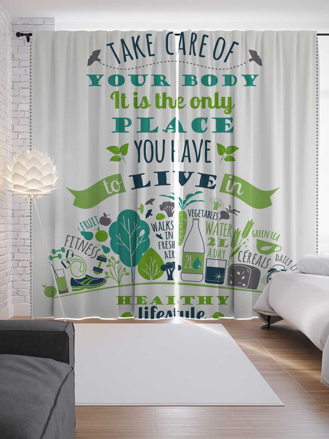 фото Шторы joyarty с фотопечатью "заботься о своем теле" из сатена, 290х265 см