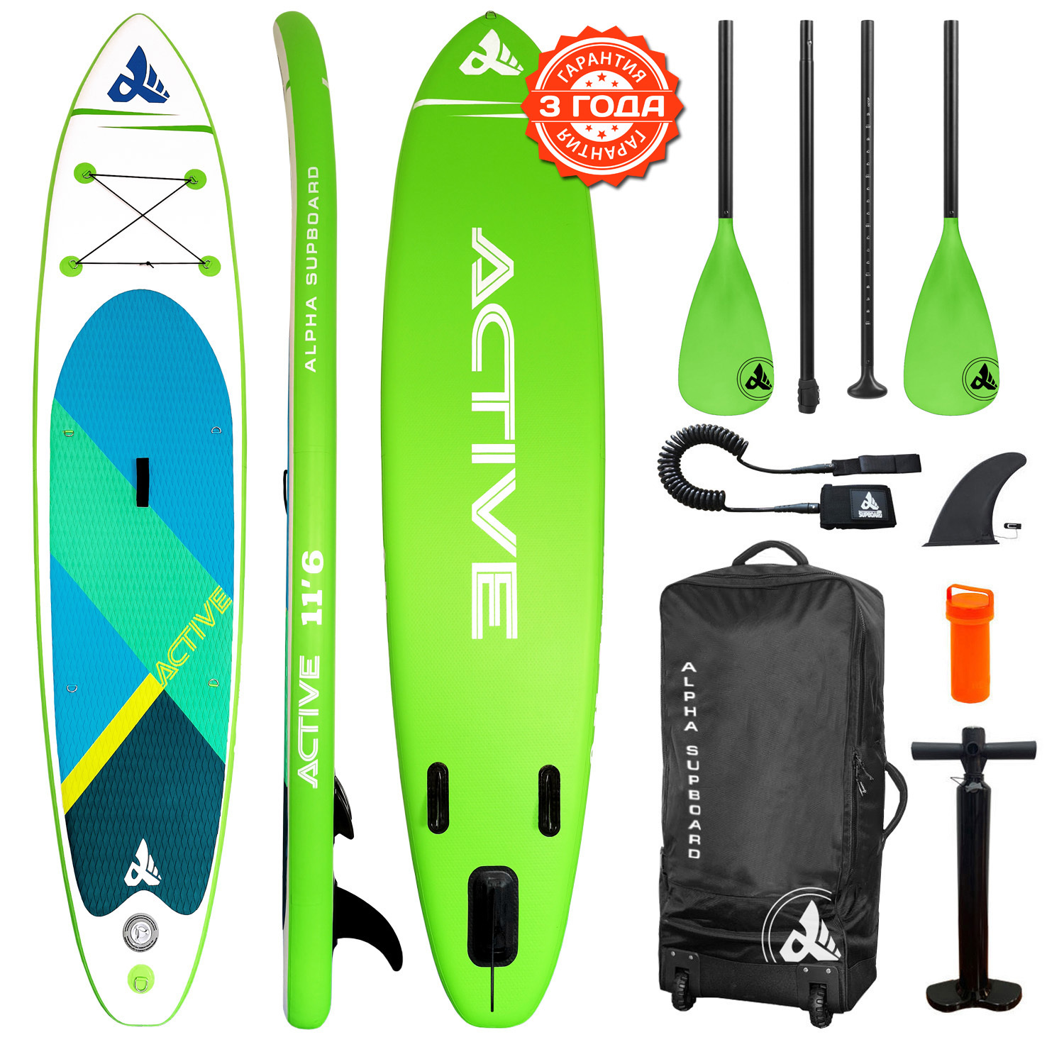 фото Надувная sup-доска alpha supboard active-11.6 comfort green (353 x 76 x 15 см) alpha caprice