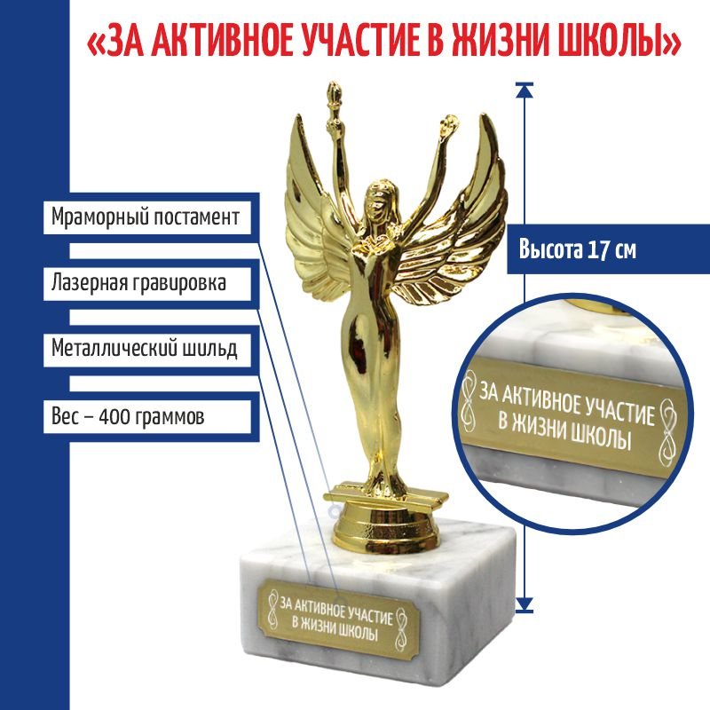 Статуэтка Ника За активное участие в жизни школы 17 см, Золотистый, d108204-172-akt-uch-v-zh-shk
Статуэтка Ника За активное участие в жизни школы 17 см, Золотистый, d108204-172-akt-uch-v-zh-shk