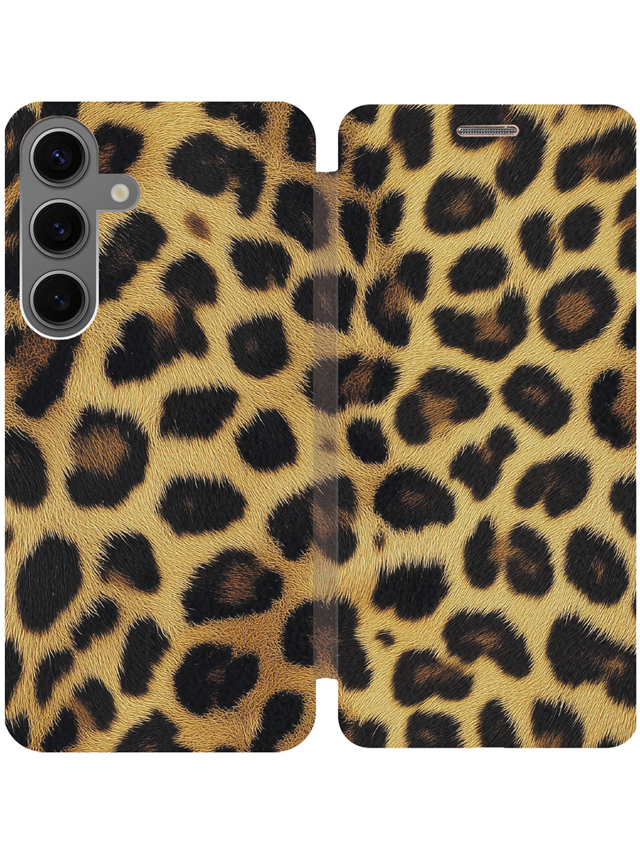 Чехол-книжка на Samsung Galaxy S24 с принтом "Леопардовый паттерн" золотой, Золотистый;желтый;черный, 779825732
