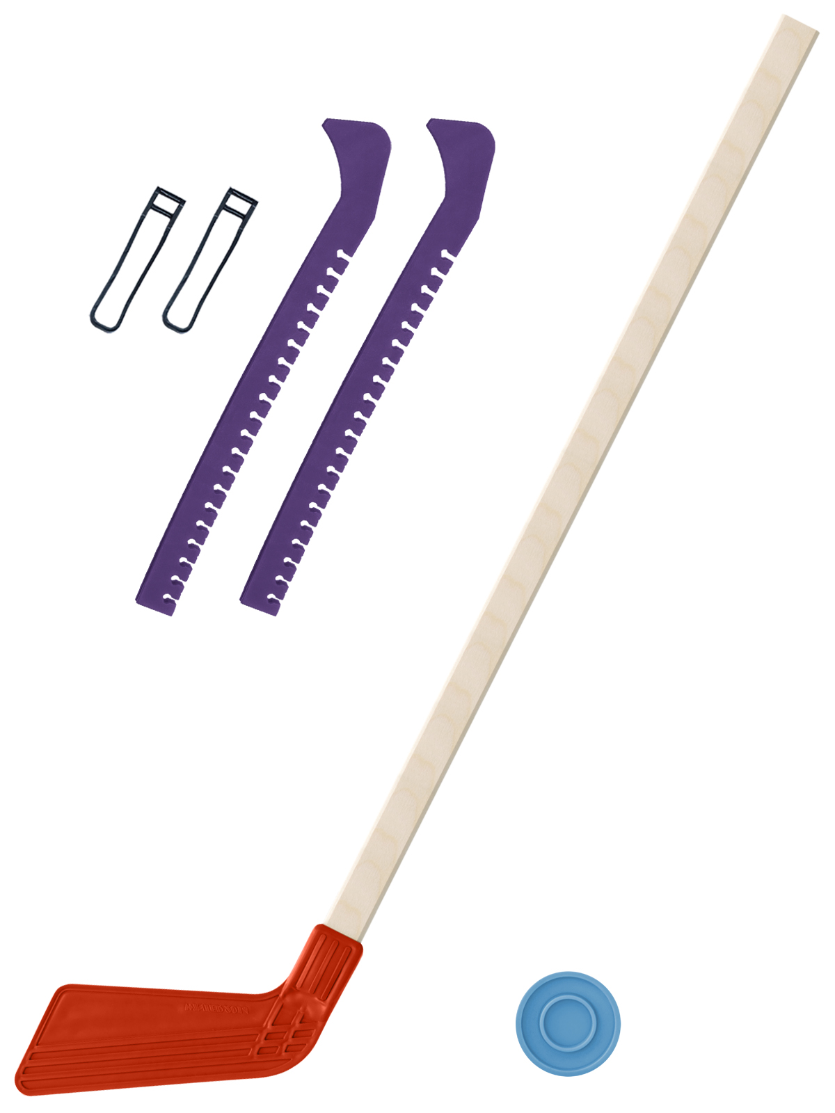 фото Набор зимний клюшка хоккейная красная 80 см.+шайба+чехлы для коньков фиолетовые задира-плюс