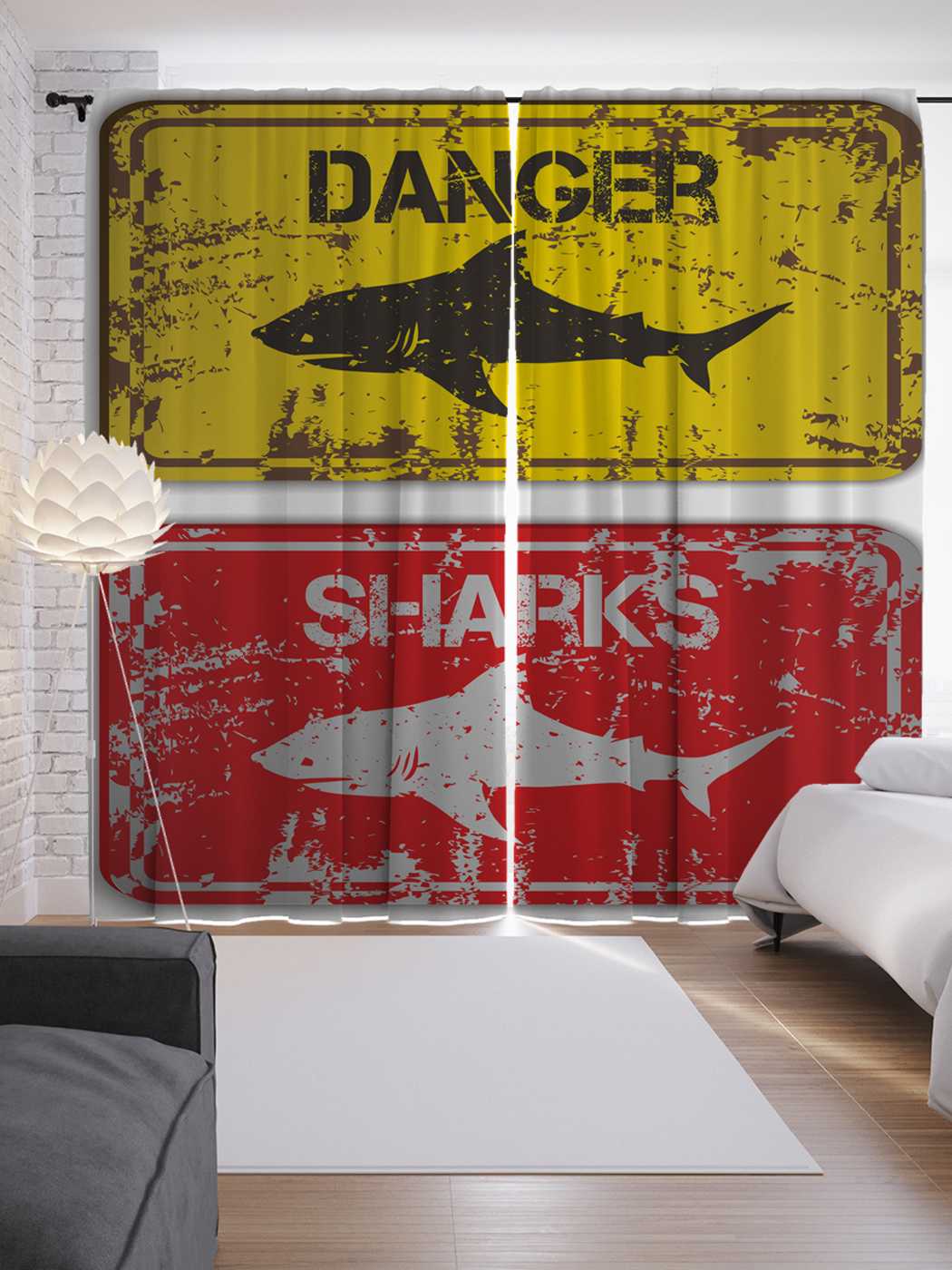 фото Шторы joyarty с фотопечатью "опасно, акулы" из сатена, 290х265 см