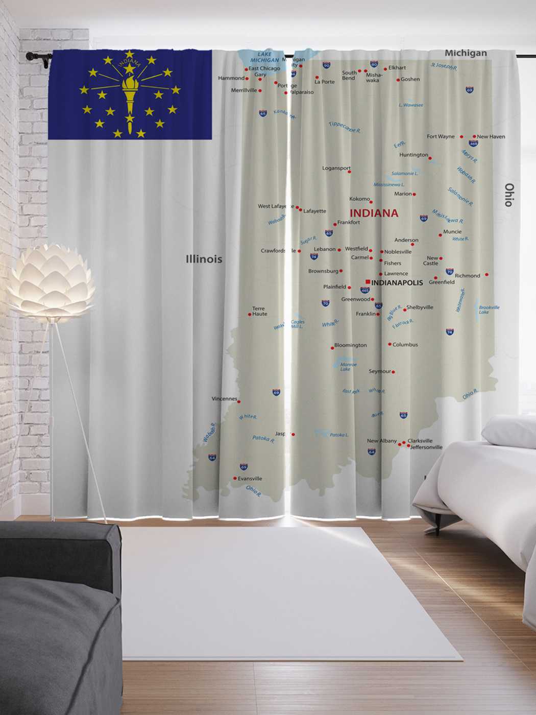 фото Шторы joyarty с фотопечатью "карта штат индиана" из сатена, 290х265 см
