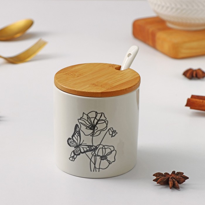 фото Банка для сыпучих продуктов доляна «эстет. маки», 240 мл, 8×8 см, с ложкой