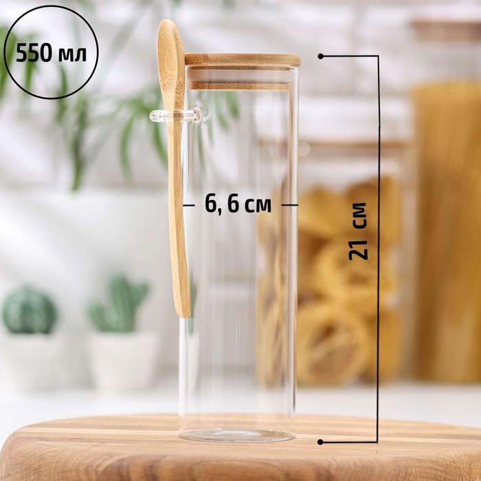 фото Банка для сыпучих продуктов «эко» с ложкой, 550 мл, 7,5×7,5×22,5 см nobrand