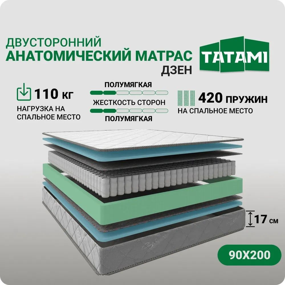 Анатомический матрас Татами Дзен двусторонний независимые пружины 90х200 см высота 17 см, Белый, Дзен
Анатомический матрас Татами Дзен двусторонний независимые пружины 90х200 см высота 17 см, Белый, Дзен