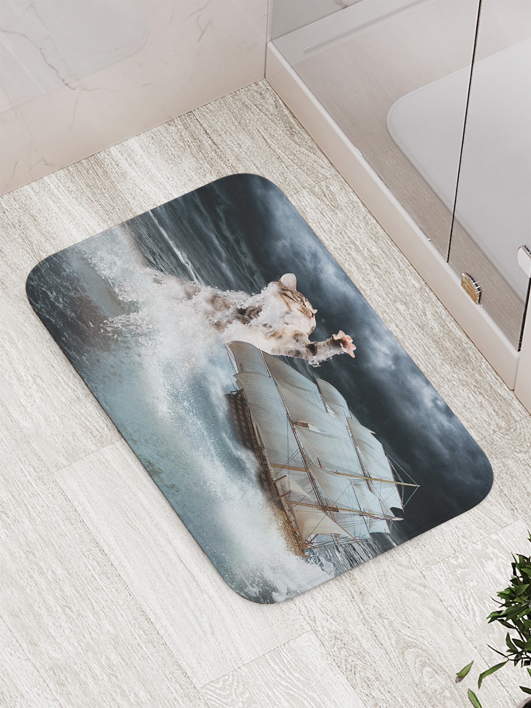 фото Коврик противоскользящий joyarty "кот разрушает корабль" для ванной 77х52 см