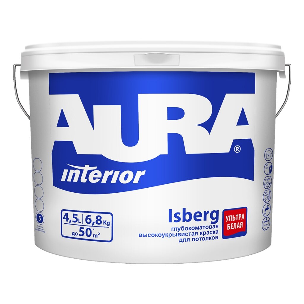 Краска воднодисперсионная, Aura, Isberg, акриловая, для потолков, матовая, 4.5 л, Белый
Краска воднодисперсионная, Aura, Isberg, акриловая, для потолков, матовая, 4.5 л, Белый