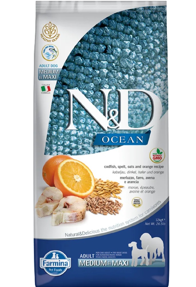 Сухой корм для собак Farmina N&D Ocean Adult Medium&Maxi треска спельта овес апельсин 12кг, Ocean
Сухой корм для собак Farmina N&D Ocean Adult Medium&Maxi треска спельта овес апельсин 12кг, Ocean
