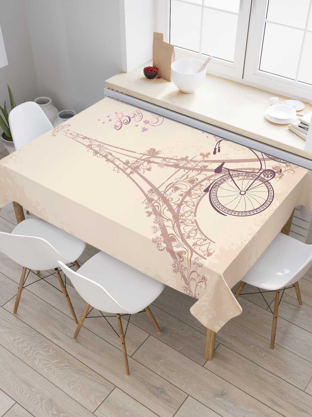 фото Скатерть прямоугольная joyarty "на велосипеде в париж" из сатена, 180x145 см
