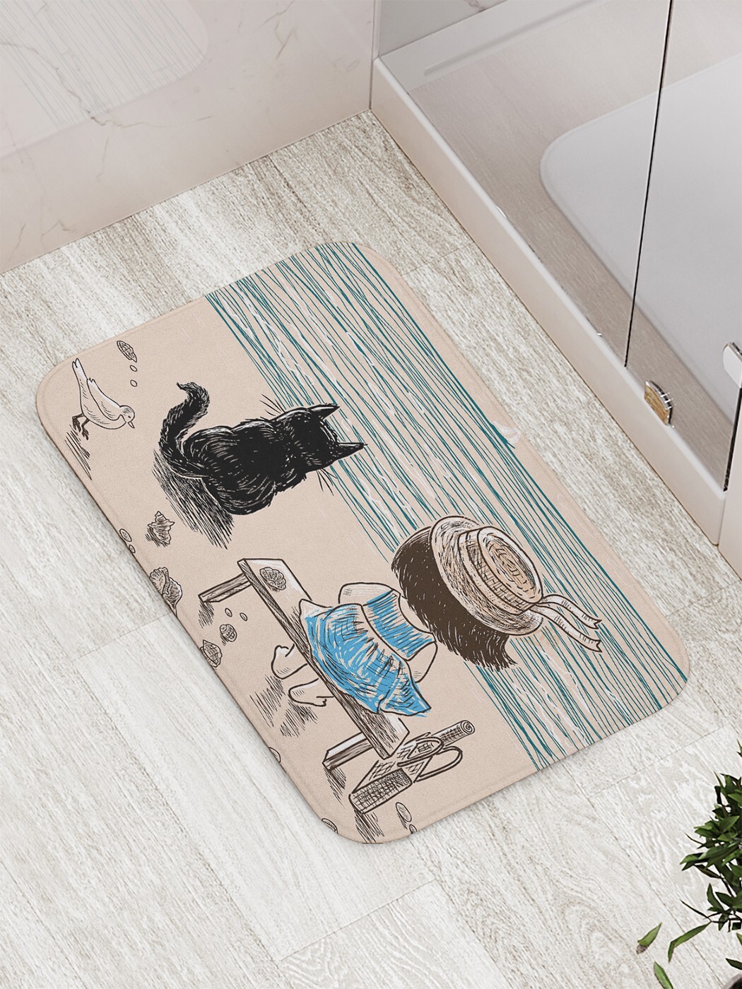 фото Коврик противоскользящий joyarty "девочка с котом на берегу реки" для ванной 77х52 см