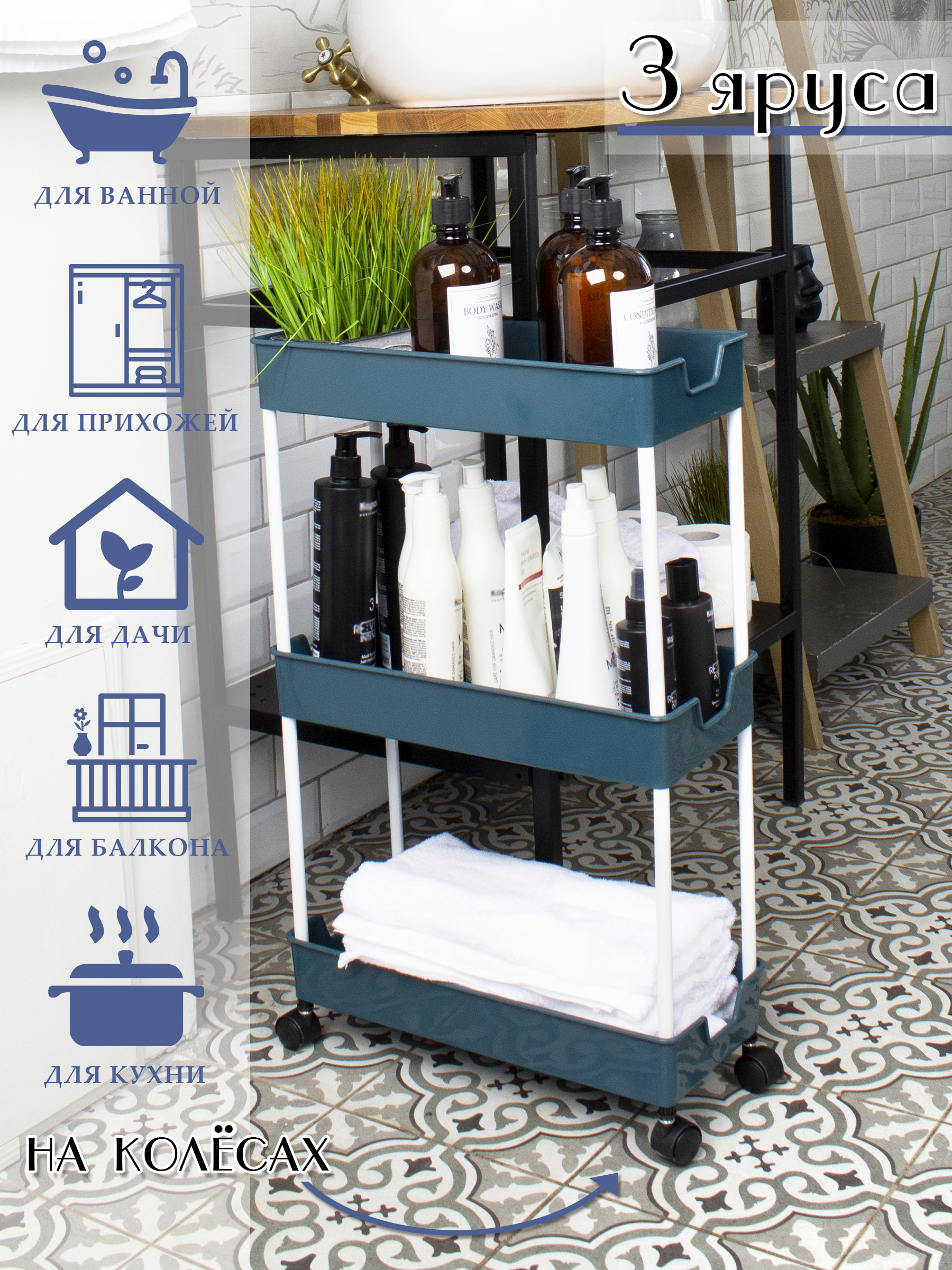 Этажерка-органайзер для ванной кухни дачи, Этажерка синяя 3 яруса 
Этажерка-органайзер для ванной кухни дачи, Этажерка синяя 3 яруса