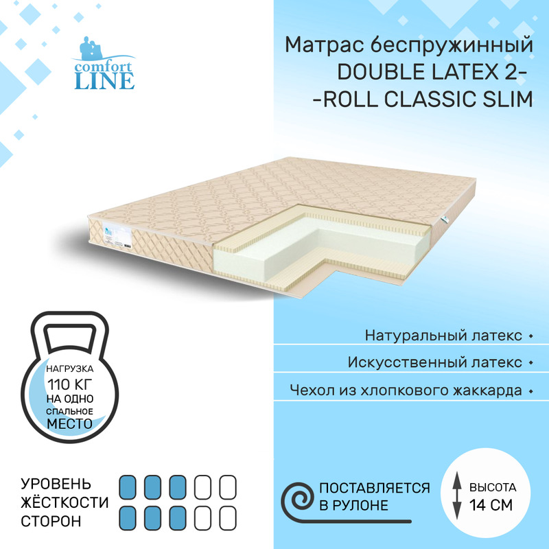 Матрас беспружинный Comfort Line Double latex 2 Roll Classic Slim 100х185, высота 14 см, Double Latex2 Roll Classic Slim
Матрас беспружинный Comfort Line Double latex 2 Roll Classic Slim 100х185, высота 14 см, Double Latex2 Roll Classic Slim