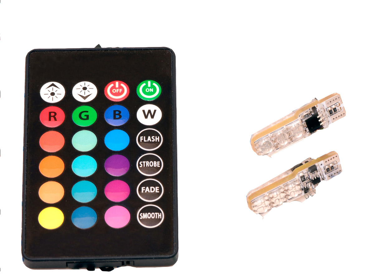 Светодиодная автомобильная лампа T10 - W5W - 6 SMD 5050 RGB (Комплект 2 лампы.), T10 - W5W - 6 SMD 5050 RGB
Светодиодная автомобильная лампа T10 - W5W - 6 SMD 5050 RGB (Комплект 2 лампы.), T10 - W5W - 6 SMD 5050 RGB