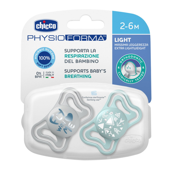 Пустышка Chicco Physio Light 2-6 мес. 2 шт. Голубой/Стрелочки/Нейтральный, Голубой;серый, 340729022
Пустышка Chicco Physio Light 2-6 мес. 2 шт. Голубой/Стрелочки/Нейтральный, Голубой;серый, 340729022